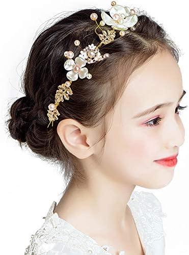 PRDGIRL Kids Wedding Hair Accessories, Floral Princess Headpiece Pearls Tiara First Communion Hair Band for Girls and Women Sweet Cute Bridal Wedding Headband for Flower Girls and Bridesmaid Gold