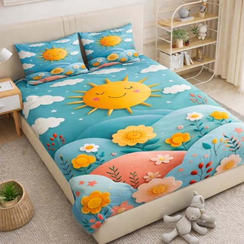 Image of Akshya Premium 300 TC Glace Cotton King Size Bedsheet, 7D Luxury Digital Print Soft Flat Sheet for Double Bed (90x100 inch, Blue Sunflower Cartoon Print