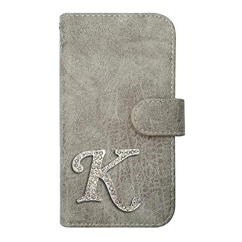 sslink iPhone17 Pro Max アイフォン17プロマックス 対応 手帳型 スマホ ケース (グレー) イニシャルK デコ ラインストーン キラキラ シルバー ビンテージ調 合皮PUレザー おしゃれ かわいい アンティーク 手帳型ケース カバ