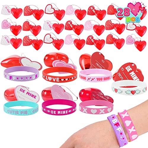 JOYIN 28 Packs Valentine Rubber Bracelet PreFilled Hearts Box，Silicon Rubber Wristbands for Kids Party Favors, Valentines Day Cards Gift for Classroom Exchange and Prize