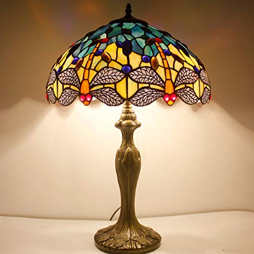 Werfactory Tiffany Lamp Stained Glass Bedside Table Lamp Navy Blue Yellow Turquoise Dragonfly 16X16X24 Inch Desk Light Metal Base Decor Bedroom Living Room Home Office S128 Series #TOP1