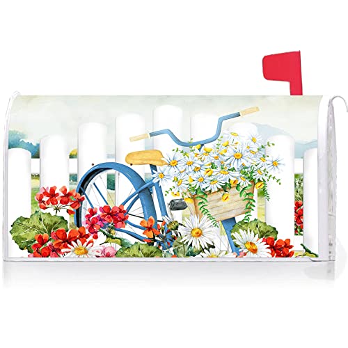 Image of Texupday Floral Blooms Bicycle Fence Decoration Mailbox Cover with Magnetic Strip Spring Daisy Flower Mailbox Wraps Post Letter Box Cover Standard Size 21 inch X 18 inch for Garden Outdoor Yard Decor