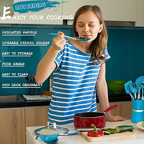 Image of Silicone Cooking Kitchen Utensil Set, Umite Chef 34pcs Heat Resistant Kitchen Utensils with Holder, Kitchen Spatula Set with Wooden Handle, Kitchen Gadget Tools for Nonstick cookware (Blue)