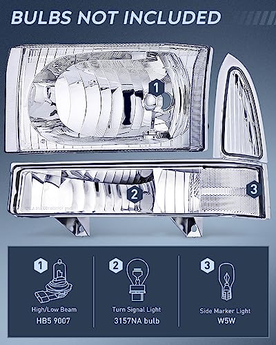 Image of Nilight Headlight Assembly 1999 2000 2001 2002 2003 2004 F250 F350 F450 F550 Super Duty,Headlights Assembly Replacement,Chrome Housing Clear Corner Clear Lens,4 Pack