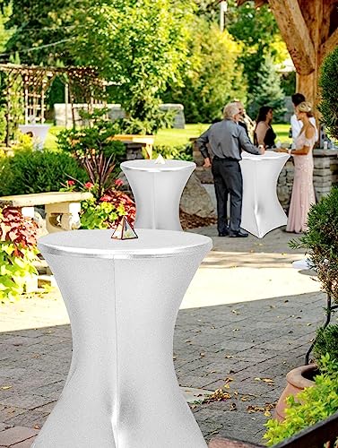 8 Pack Cocktail Spandex Stretch Square Corners Tablecloth,32"X43" Metallic Silver Spandex Cocktail Table Cover,Fitted High Top Round Table Cloth For Wedding Bar Party Events Home Decor Supplies #TOP4