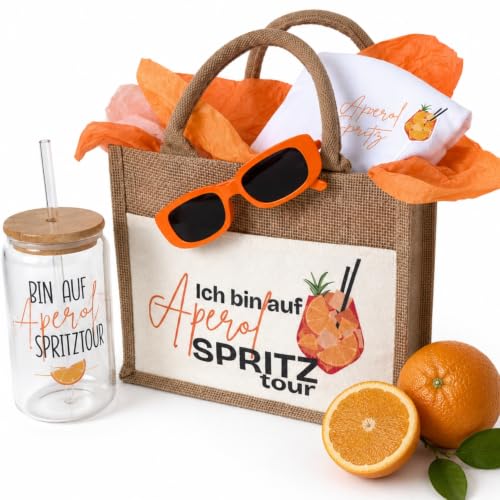 Aperol Spritz Geschenkset | Jutetasche mit Aperol T-Shirt Damen Trinkglas mit Strohhalm | Sommer Geschenke für Frauen & Festival Zubehör | Aperol Geburtstagsgeschenk für Frauen JGA