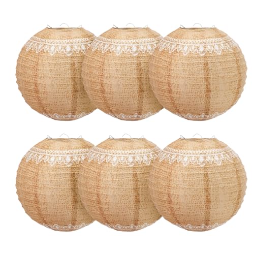 6 Stück Lampions mit Spitze Hochzeitsdeko Vintage Braun Papier Laternen weißes Spitzenband Lampion Dekorationen für Hochzeit Party Deko (20cm)