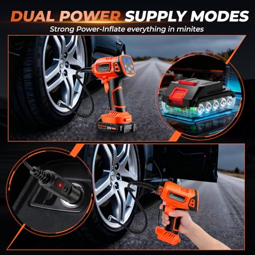 GEARLASSO Tire Inflator Portable Air Compressor, 21V Cordless Car Tire Pump, Rechargeable Battery Powered Handheld 160PSI Tire Inflator with Digital Pressure Gauge for Car Motorcycle E-Bike - Image 4