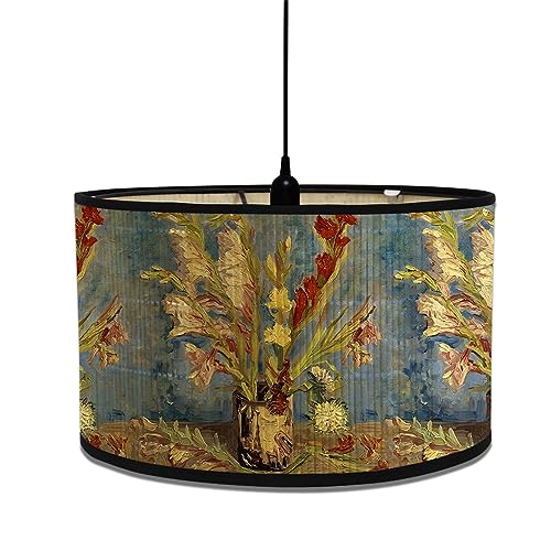 Morbuy Bamboo Lampshade for Table Lamp, Oil Painting Pattern Vintage Style Diameter 30cm Wooden Bedside Light Lampshade Light Shades Wall Light Lamp Shades for Desktop Accessories (Plant Flowers)