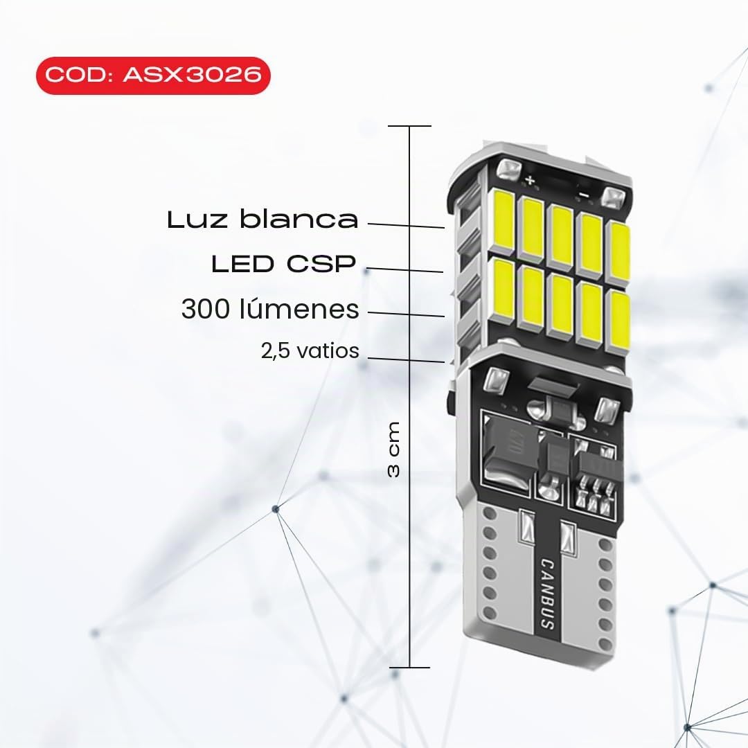 ASX ILUMINACION Bombillas T10 LED W5W 26 Canbus, Luz Blanca 6500K, Bombilla posicion LED para coche 12-24V, Tamaños de Lámpara 168, 175, 194, 2825, W5W, T10 - Plug and Play (10)