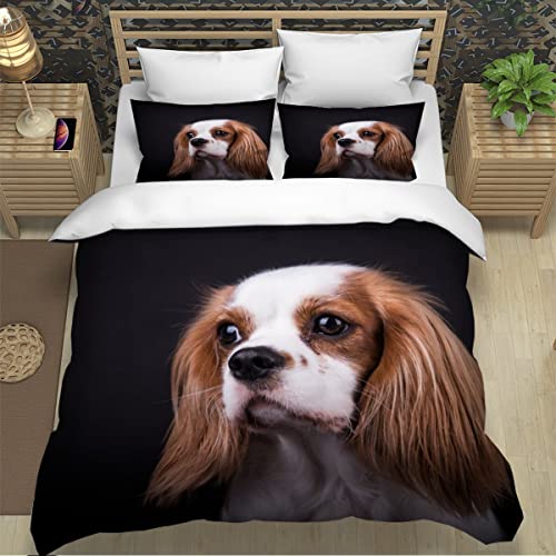RLYXGS Housse de Couette 220x240 Adulte Animal Chien Parure de lit 2 Personnes en Microfibre 3D Chien Cavalier King Charles Spaniel Ensemble de literie avec Fermeture Éclair+2 Taies d'oreillers Cover