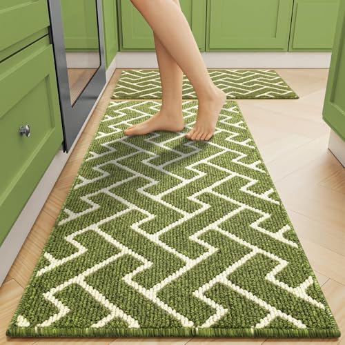 Kitchen Rug Set 2 Pieces, Washable Non-Slip 100% Polypropylene Kitchen Floor Mats, Super Absorbent and Stain-Resistant Floor Runner Rug, Hallway Runner, Entryway(Sage Green, 50x80+50X120cm)