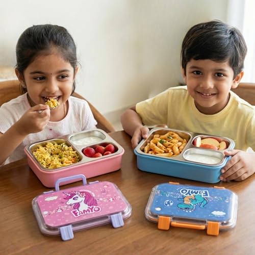 Image of Famyo Kids Bento Lunch Box Combo of 2 Leakproof BPA-Free 3 Compartments | Rexy Dino & June Unicorn, microwave-safe lunch boxes for school, durable food containers for boys & girls