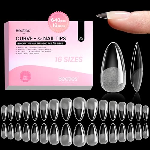 Beetles Gel Nail Tips Almond Shape Medium Curve-EX, 640pcs 16 Sizes, Etch-X Half Matte Full Cover Soft Acrylic False Nail Tips Easy DIY Press on Nail Extension Art Salon for Curved & Natural Nail Beds