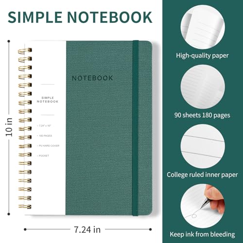 Image of Spiral Notebook - 7.24 inch x 10 inch College Ruled Journal with Inner Pockets and 180 Pages, PU Leather Cover Business Journal, Twin-Wire Binding Notebook Perfect for Office & Home School Supplies Green