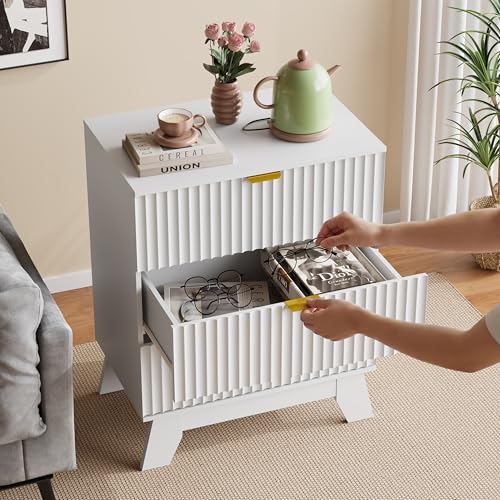 Image of Fluted Nightstand Sets of 2 with 3 Large Drawers, Wooden Side End Table with Elevated Legs for Easy Cleaning, Sturdy Modern Beside Table for Small Space, Bedroom, White, 24 inch L