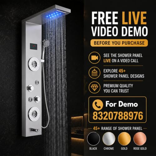 Image of Stainless Steel 304 Grade Shower Panel 8in1+ Extra Large 3Ways Hand Shower With LED Rainfall Waterfall 2Body Massage 4Mist Spray Temperature Display Shower Panel (Chrome)