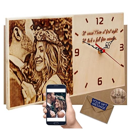 OMGGIFT Personalized Wood Burned Photo Clock - Traditional Gifts for 5 Year Anniversary for Her - Memorable Gifts - Custom Wooden Photo Gifts - Romantic Gifts