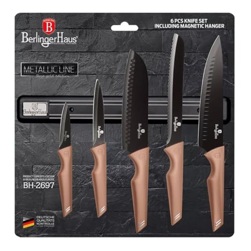 Berlinger Haus 6-Tlg, Messerset Mit Magnethalter, Edelstahl Küchenmesser Mit Antihaftbeschichtung & Soft-touch-griffen, Roségold Metallic Line