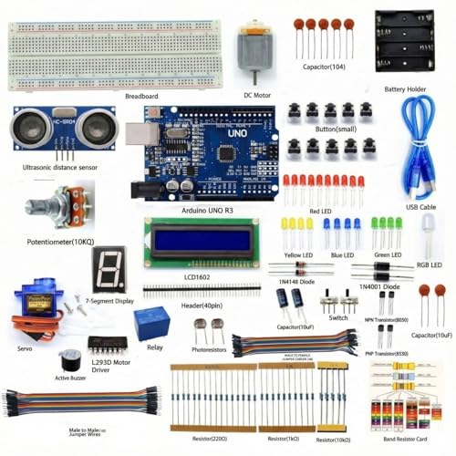 Image of DIY Ultrasonic Distance Sensor Starter Kit for UNO R3, LCD1602, Breadboad, DC Motor, Starter /Beginner Kit for Uno R3 microcontroller Compatible with Arduino IDE