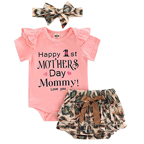 BriskyM Trajes para el primer día de la madre para niñas pequeñas, mono con estampado de letras, Top + pantalón corto con volantes de leopardo + diadema (3-6 Months, Rosa) Cover