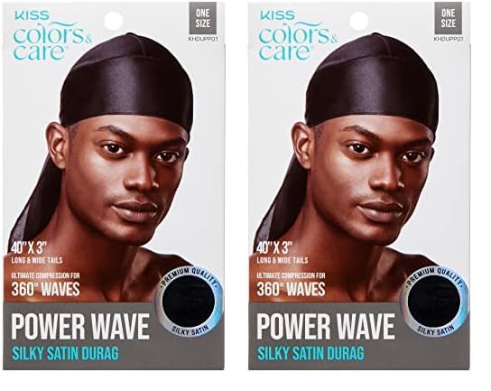 KISS COLORS & CARE Power Wave Silky Satin Durag - Black, Maximum Wave formation, Ultra-Compression, Breathable Premium Fabric, One Size Fits All, Durable & Versatile For All Hair Types (Pack of 2)
