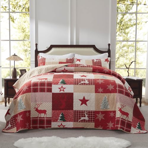 LEAONME Christmas Quilt Set 3-Piece Full Queen Size Bedspread Coverlet 90''x98'' Lightweight Patchwork Oversized Bedding Set with 2 Pillow Shams for All Seasons