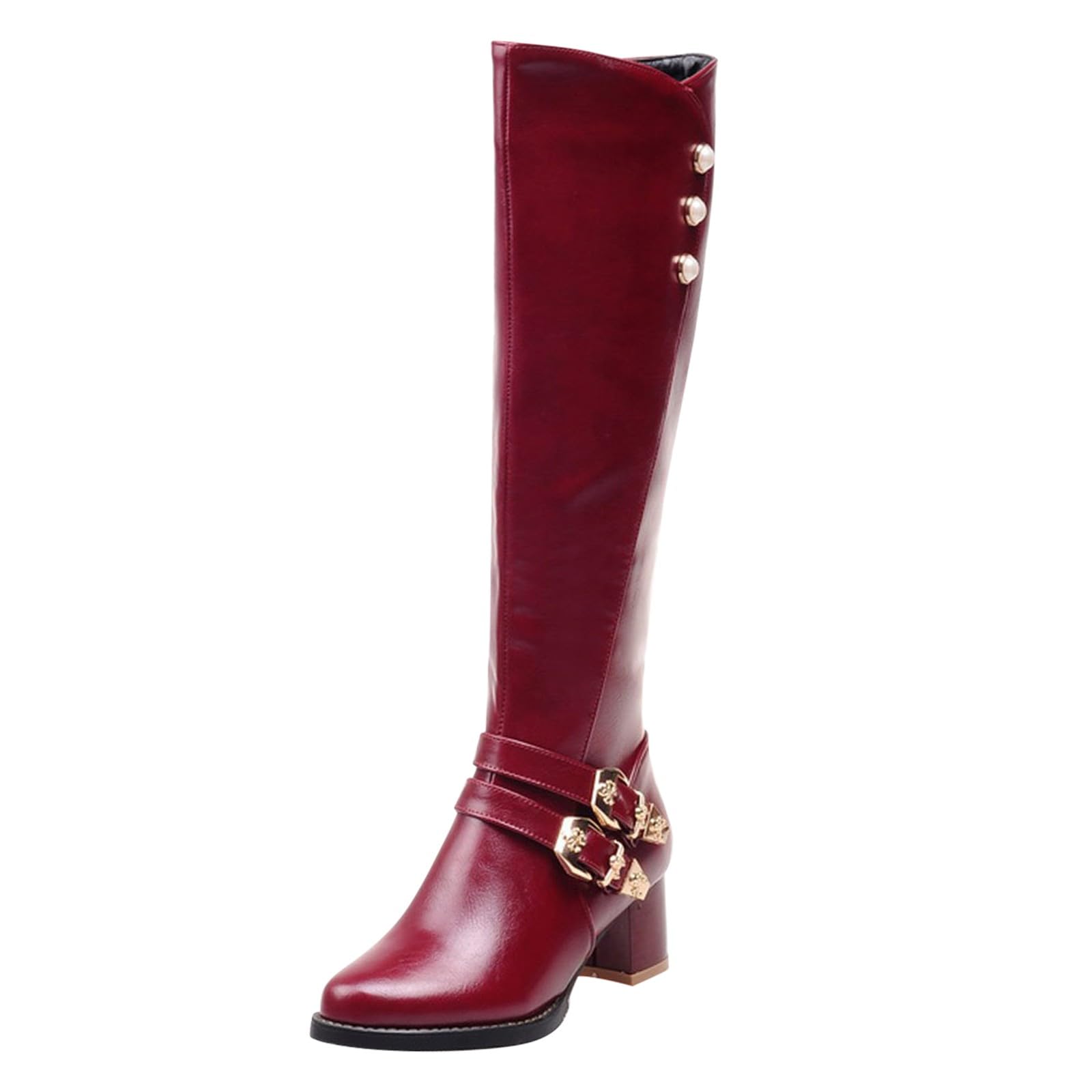 Damskie buty do jazdy konnej do kolan, czarna skóra, złote buty z paskiem z klamrą duży rozmiar wysokie buty damskie jesień i zima, Czerwony, 35.5 EU