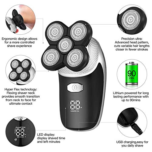 Barbeador Elétrico Masculino 5 em 1 para Barbear Cabeça Careca, Barbeador de Barba de Cinco Cabeças,