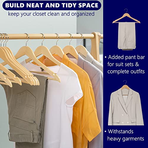 Amber Home Solid Wood Suit Coat Hangers 30 Pack, Smooth Natural Finish Wooden Dress Hangers With Non Slip Pant Bar, Clothes Hangers With 360 Swivel Hook & Notches For Jacket, Pant, Shirt (Natural, 30) #TOP4
