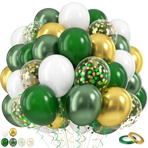 Image of Funhot Green and Gold Balloons, 60 Pcs Metallic Dark Green Gold White Party Balloons, 12 Inch Confetti Balloon Helium for Graduations Jungle Wild Birthday St. Patrick's Day Wedding Party Decorations