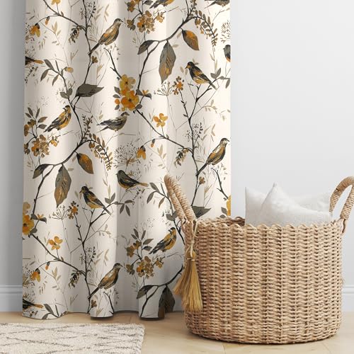 Image of LINENWALAS Decorative Cotton Semi Sheer Curtains 5 Feet Long Set of 2 Panel, Rod Pocket Hanging, Bird Printed Window Curtains for Living Room, Home Decor (L-5 x W-4.5 Feet, Birdie Bliss), White