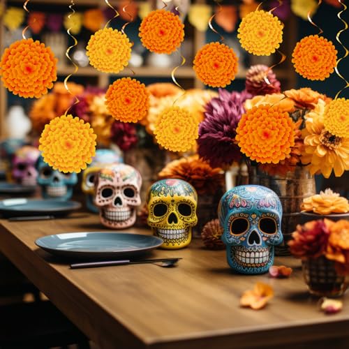 Image of 36 Pcs Marigold Flower Diwali Decorations Day of The Dead Dia De Los Muertos Marigold Flower Decorations Hanging Streams Swirls for Home Pooja Indian Varalakshmi Altar Ofrenda Decor