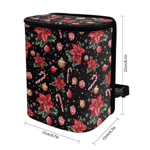 Image of Talayituse Christmas Flower Candy Bulb Snowflake Print Car Trash Can with Adjustable Straps, Car Trash Bag Bin Car Garbage Bag Multipurpose Storage Box for Vehicle Travel Camping Picnicing