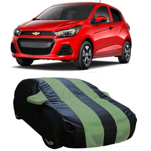 DRIZE Car Cover for Chevrolet Spark with Triple Stitched Fully Elastic Ultra Surface Body Protection (Strips Green with Mirror Pockets)