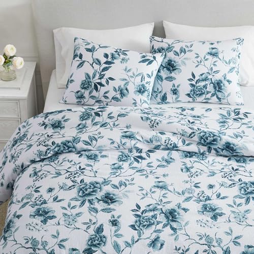 Image of Martha Stewart - King Comforter Set, Textured Cotton Jacquard with Refined Softness & Medium Weight Feel, 3 Piece Bed Set with Matching Pillowcases (Vivian Floral Blue)