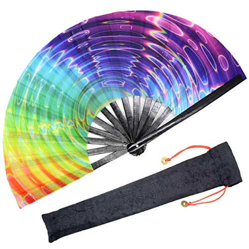 OMyTea Pride Rainbow Fan - Large Rave Clack Folding Hand Fan for Men Women - for EDM, Music Festival, Club, Event, Party, Dance, Performance, Gift (Rainbow Waves)