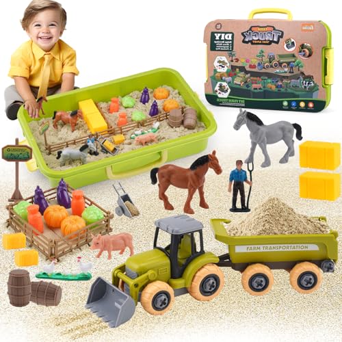UNCLEKAISSEN Play Sand for Toddlers, Magic Sand Toys with Farm Animal Figures, Excavator Trailer Playset, Sandbox with Cover, Gift for Boys Girls Ages 3-8