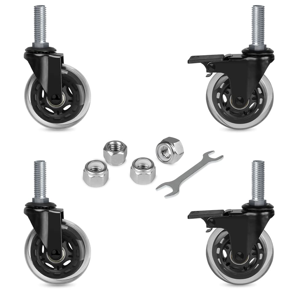 Hirate 3" Swivel Caster Durable Industrial Castors, 1/2"-13 x 1.5" Threaded Stem Locking Casters for Furniture DIY Tools with Nylon Lock Nuts(2 with Brakes & 2 Without)