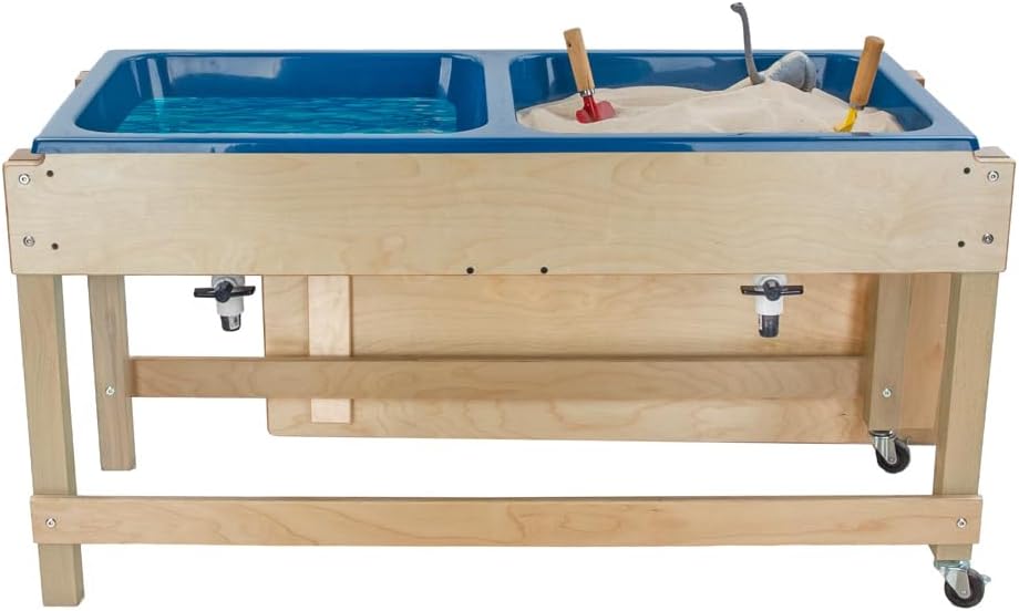 Wood Designs GREENGUARD Gold Certified Sand and Water Activity Table with Double Divided Plastic Tub, Dual Drain Faucets, Locking Casters & Storage Lid – Birch Plywood Indoor Sensory Play Table