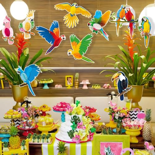 Image of GuassLee 10pcs Jungle Tropical Party Decorations Birds Honeycombs - Tropical Parrots Paper Cutouts Honeycombs Hanging Decorations for Hawaiian Luau Tiki Party Decor Supplies