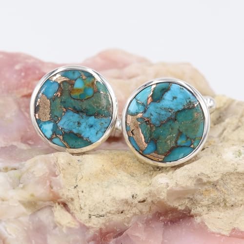 Blue Copper Turquoise Cufflinks for Men – Natural Gemstone in 925 Silver, Groom Wedding Jewelry Gift2