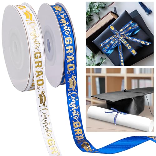 FYSUIMU 2 Rolls Graduation Ribbon Congrats Grad Gold Satin Ribbon Blue White Fabric Craft Ribbons for Bouquet Gift Wrap Party Decor, 3/8", 20 Yards