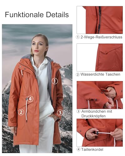 rhythm of the rain Regenjacke Damen mit Warm gefüttert Winterjacke Damen wasserdicht PU Regenmantel Friesennerz übergangsjacke mit Kapuze Karamell 42