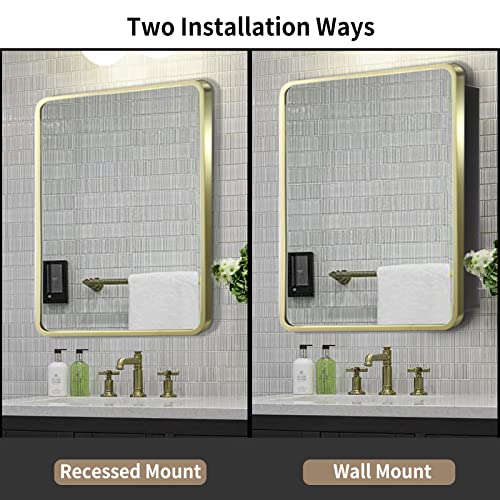 Image of Movo Mirror Medicine Cabinet 20 Inch x 28 Inch Gold Metal Framed Bathroom Medicine Cabinet with Mirror Rectangle Recess or Surface Mount Installation