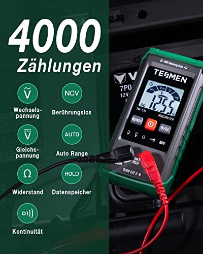 TESMEN TM-510 Digital Multimeter, 4000 Zähler Messgerät, Voltmeter mit Automatischem Messbereich, Intelligente Messung; Spannungsprüfer Misst AC/DC-Spannung, Widerstand, Durchgang – Grün