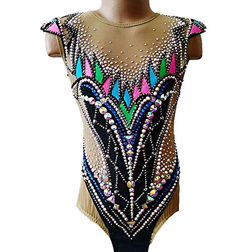 Kmgjc Leotardo de Gimnasia rítmica Mujeres Niñas Leotardo Transpirable de Alta Elasticidad Vestido de Patinaje artístico sin Mangas con Apariencia de Diamante con Joyas,Negro,L