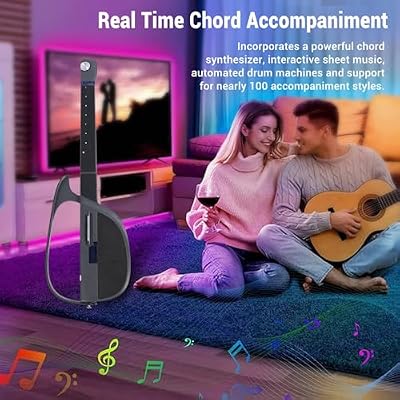 Smart Electric Guitar, Foldable Automatic Accompaniment Guitar, Stringless Electric Guitar with Earphone Jack, Playing and Singing One Person Band (Black Grey)