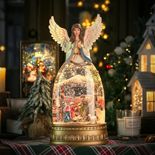 Nativity Snow Globe Music Box Shatterproof Glitter Christmas Snow Globe Holy Family Jesus LED Light USB&Battery Powered First Communion Christian Gifts Decorations for Home Decor Belen Manger Angel