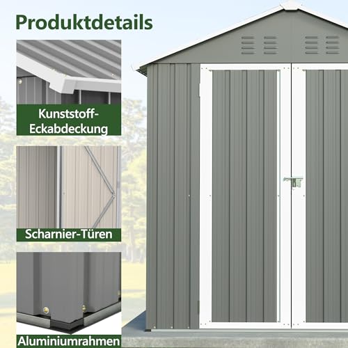Thanaddo Metall Gerätehaus Gartenhaus 185x182x191cm, Geräteschuppen mit Fenster & Satteldach, wetterfest Gartenschuppen Inkl. Metallfundament (ohne Boden) für Outdoor Garten Terrasse, Grau